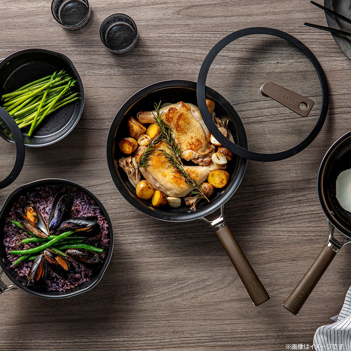 evercook DECO エバークック デコ 22cmマルチパン+ガラスふたセット ブラックの説明画像7